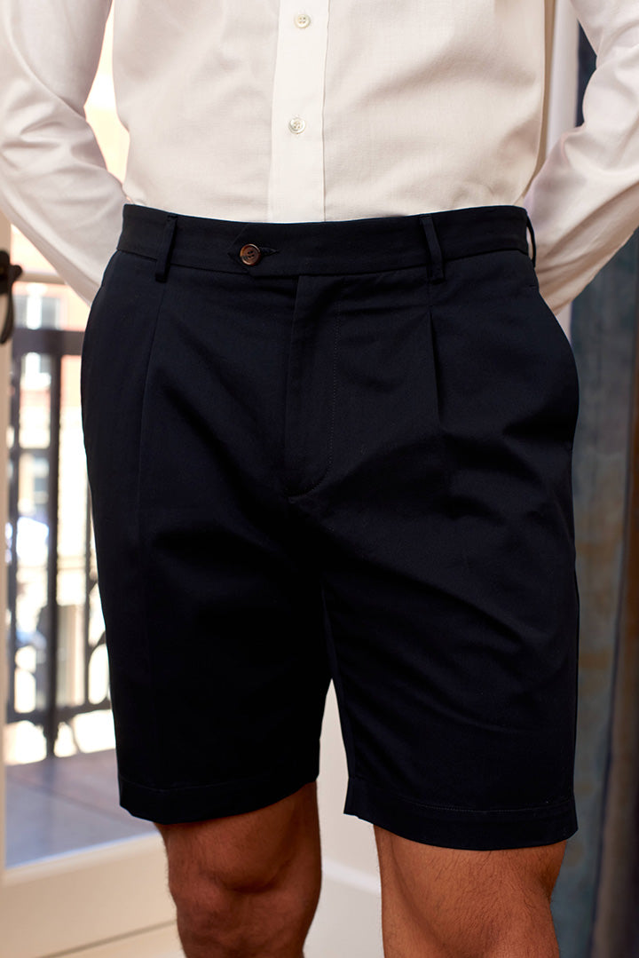 Pleated Short | 100% Cotton Twill | Navy
